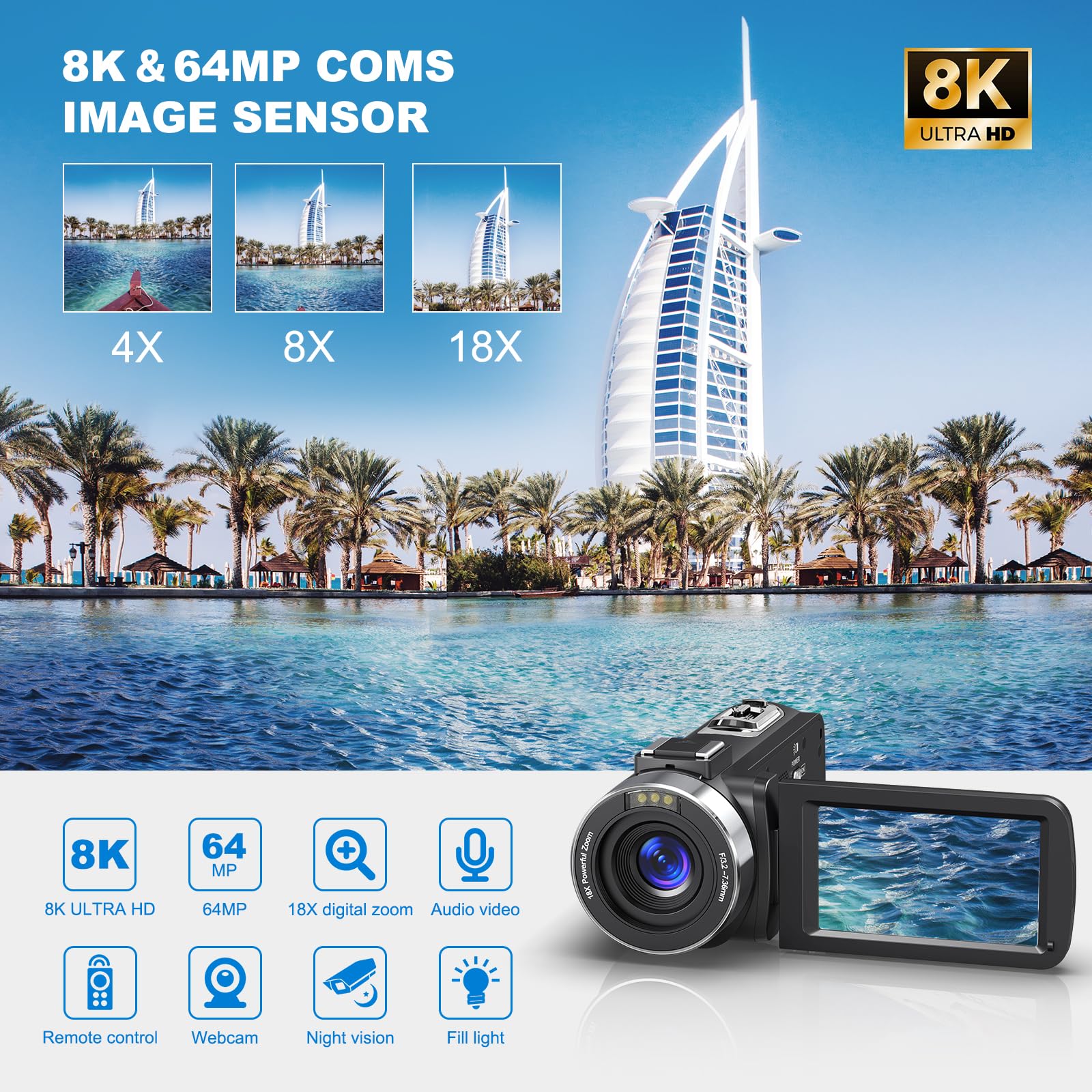 Gtyolor 8K 64Mp Video Camera 18X Digital Camcorder Video Camera For Youtube 3.0 Inch Flip Screen Camcorder Vlogging Camera With